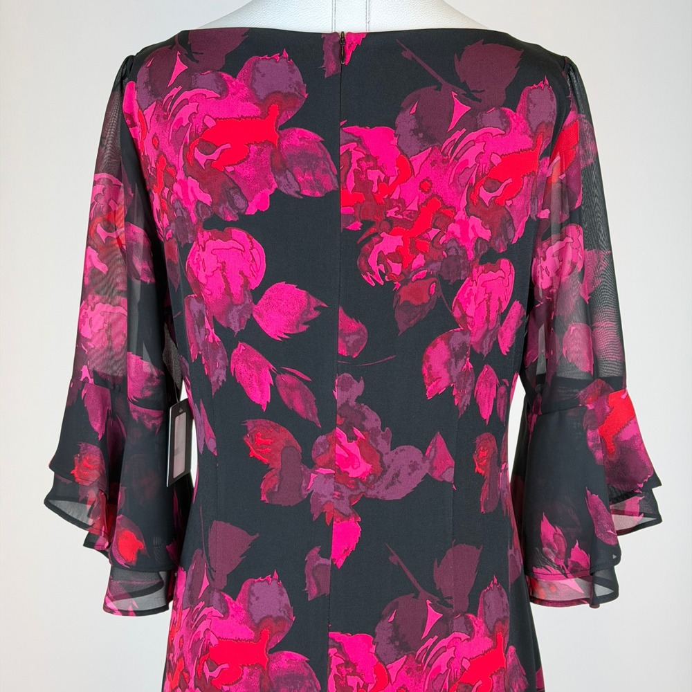 NWT Jessica Howard Black Pink Floral Bell Sleeve Sheath Cocktail Dress Size 16P - Picture 6 of 10